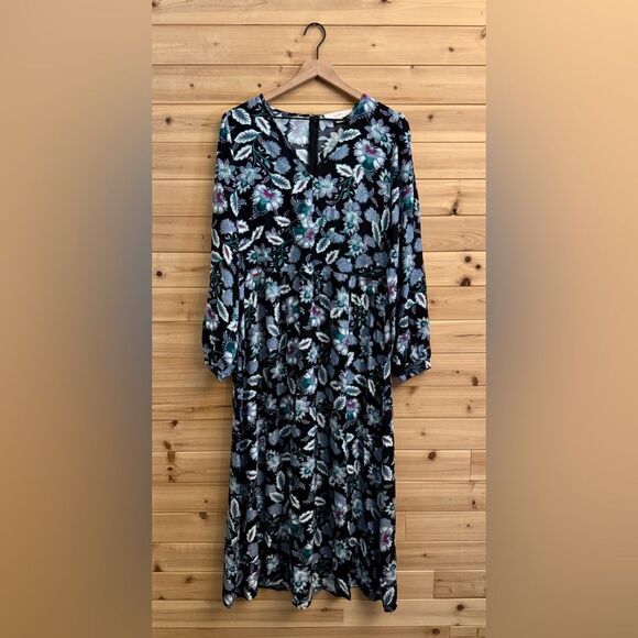NWT Loft Size 12 Viscose Dark Floral Leaf V Neck Long Sleeve Midi Dress - Picture 1 of 16